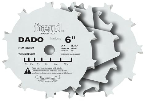Freud 6 Pro Dado Set with Tico Hi-Density Carbide for Flat Bottom Grooves - Includes 2 Blades, 3 Chippers, Spacers, Shim Set & Carrying Case, Negative Hook Angle - SD206