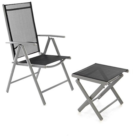 Nexos Trading Klappstuhl Gartenstuhl Campingstuhl Liegestuhl mit Hocker – Sitzmöbel Garten Terrasse Balkon – klappbarer Stuhl aus Aluminium & Kunststoff - schwarz
