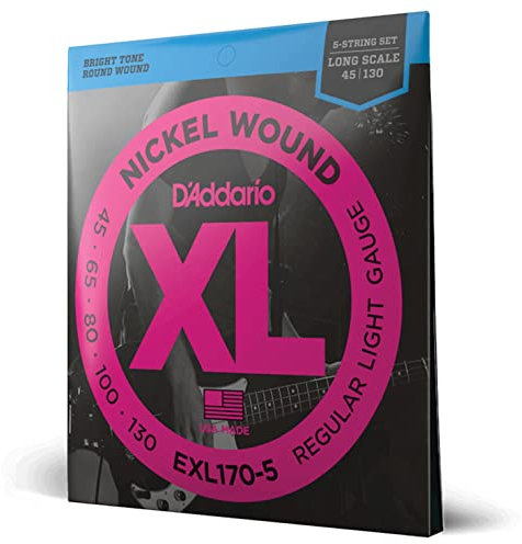 D'Addario Corde Basso Elettrico - XL EXL170-5 - 5 Corde - Lunga Scala, Luce, 45-130 - 1-Pacchetto
