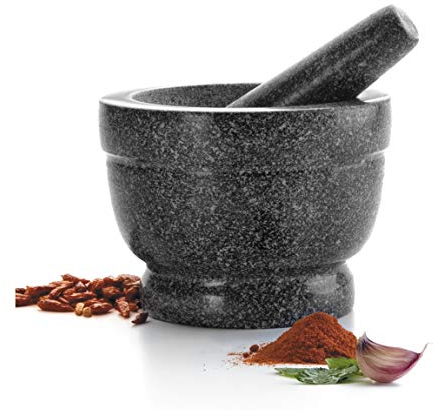 LACOR - 60516 - Mortero con Mano de Granito, Mortero de Cocina con Maza, Interior no Poroso, Robusto, Resistente y Duradero, 16 x 12cm, Negro