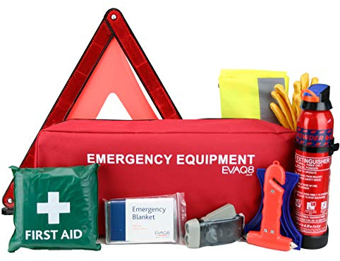 EVAQ8 Advanced Car Safety Kit with Extinguisher and Torch UK Standard Parts Includes Warning Triangle, First aid kit, Emergency Blanket, Safety Hammer, Torch, high Visibility Vest, Carry Bag