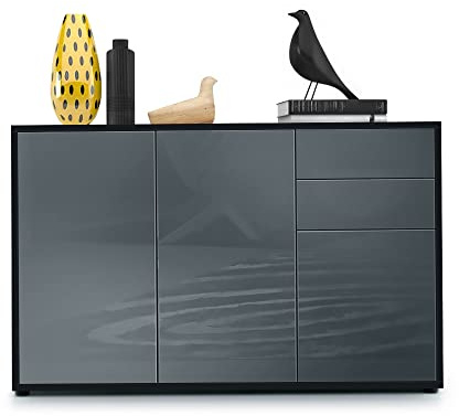 Vladon Sideboard Ben V3, Kommode mit 3 Türen und 2 Schubladen, Schwarz matt/Grau Hochglanz (117 x 74 x 36 cm)