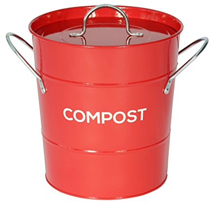 Red Metal Kitchen Compost Caddy - Composting Bin for Food Waste Recycling with guide to composting
