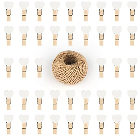 G2PLUS 100PCS Mini Wooden Heart Pegs - 3.5cm Photo Display Clips - Tiny Clothes Pegs with 30 M Jute String for Arts & Crafts, Weddings & Events