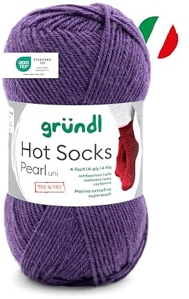 Gründl Lana Hot Socks Pearl Uni de 4 capas, hilo para calcetines, suave y agradable para la piel, 75% lana virgen, 20% poliamida, 5% cachemira, 1 ovillo de 50 g/200 m, grosor de aguja 2,5-3, berenjena