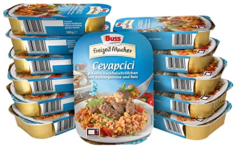 Buss Freizeitmacher Cevapcici mit Reis und Gemüse vom Balkan - Fertiggerichte zum Aufwärmen in Mikrowelle & Topf - Schnell & Einfach Zubereitet - 12 x 300g