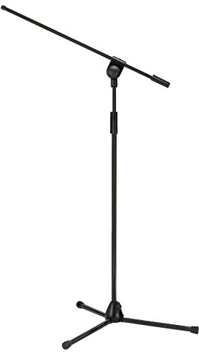 MONACOR MS-50/SW Mikrofon-Bodenstativ, Mikrofonständer mit längenverstellbarem, schwenkbarem Ausleger und trittschallgedämpften Klappfüßen, Gewinde 9 mm (3/8) und 16 mm (5/8), in Schwarz