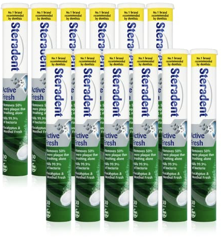 Steradent Active Fresh Denture Cleaning Tablets, Plaque Remover, Eucalyptus & Menthol Fresh, Pack of 12 x 30 Tablets, Total 360 Tablets