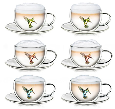 Creano 6er-Set Thermo-Tassen Hummi für Tee/Latte Macchiato, doppelwandig, mit Kolibri-Muster | 250ml in exklusiver Geschenkpackung