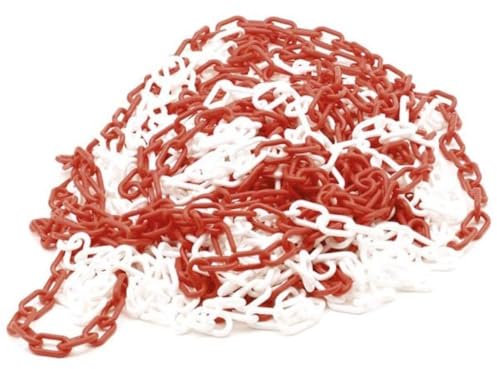 Perel Chaîne barrière rouge blanc 25 m, plastique, chaîne de sécurité pour l’intérieur et l’extérieur, chaîne de marquage pour chantier, zone de stationnement, entrepôt, terrain ou événement