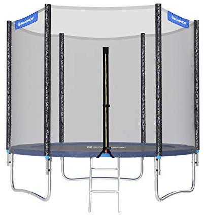 SONGMICS Cama Elástica, 244 cm, Trampolín para Niños con Red, Cojín de Seguridad, Escalera, Mástil Recto de 180 cm de Altura, Marco de Acero, Azul STR8FT