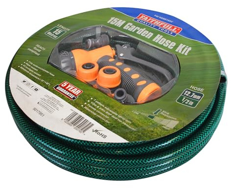 Faithfull 15M (49ft) Reinforced Hose Kit– Heavy-Duty PVC Garden Hose Pipe with 3 Fittings & Multipattern Spray Gun