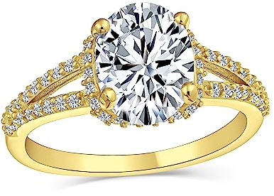 3CT briljant skuren oval gul AAA CZ förlovningsring för kvinnor delat skaft band roséguld pläterat 925 sterlingsilver e Silver, P, colore: Guld, cod. JHO-R7414G-8