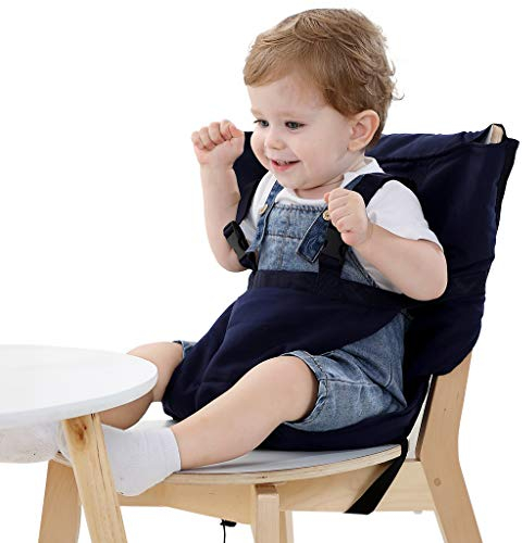 Vine Easy Seat Siège portable de voyage pour chaise haute, siège réglable, sécurisé et lavable | pour tout-petits | Tissu pratique, tient dans votre sac à main - Bleu Foncé