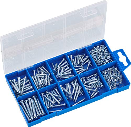 Connex Holzschrauben-Sortiment 215-teilig - Diverse Größen - Senkkopf & PH Phillips-Antrieb - Rundkopf & Schlitz-Antrieb - Teilgewinde - Verzinkt / Schrauben-Set / Sortimentskasten / DP8500052