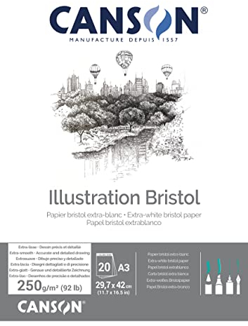 CANSON Illustration Bristol, extra glattes, satiniertes Papier, 250 g/m², an der kurzen Seite geleimter Block, DIN A3, 29,7 x 42 cm, Extraweiß, 20 Blatt