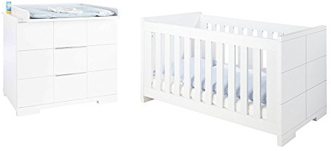 Pinolino Sparset Polar breit, 2-teilig, Kinderbett (140 x 70 cm) und breite Wickelkommode mit Wickelaufsatz, weiß Edelmatt (Art.-Nr. 09 34 21 B)