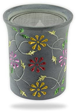 Budawi® Räucherstövchen Speckstein 9 cm hoch mit Edelstahlsieb 65 mm bunt floral handgearbeitet Stövchen für Räucherkegel Harz Kräuter Aromatherapie Meditation Deko Geschenk orientalisch