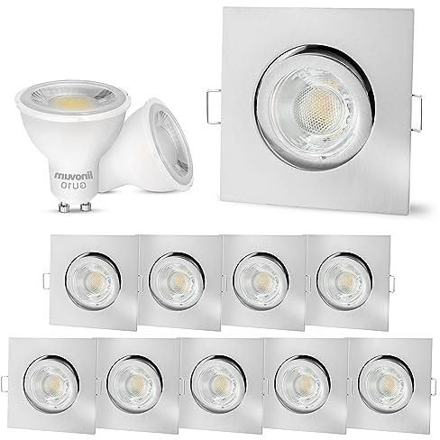 linovum 10er Set LED Einbauspots GU10 schwenkbar - Deckenspot eckig Spot Edelstahl Optik inkl. LED GU10 6W neutralweiß 230V