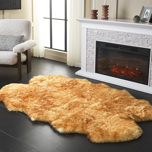 SAFAVIEH Sheep Skin Collection Accent Rug - 3'7 x 5'11, Champagne & Copper Brown, Handmade Rustic Genuine Pelt, 3.4-inch Thick Ideal for High Traffic Areas in Foyer, Living Room, Bedroom (SHS121K)