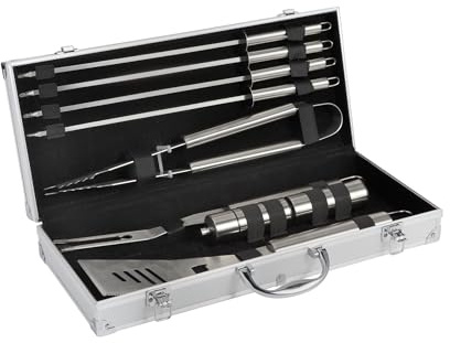 Cook’in Garden - Ensemble Complet d’Ustensiles Inox pour Barbecue et Plancha, Set avec Spatule, Pince, Fourchette, 4 Pics, Salière et Poivrière, Accessoires Cuisine Extérieure Terrasse Jardin