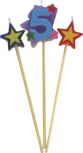 Unique Party 34045 - Number 5 Star Birthday Candles Set of 3, Multicolor, 18 centimeters