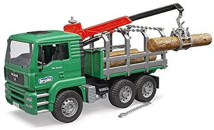 bruder 02769 - Man Holztransport-LKW mit Ladekran & 3 Baumstämmen - 1:16 Holztransporter Lastwagen Laster Truck