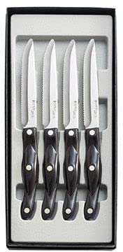 CUTCO #2065 set of 4 Model 2159 Steak Knives with Classic Dark Brown handles (often called Black)..............each in a factory-sealed plastic bag inside attractive black CUTCO gift box..............Double-D® serrated 440A High-Carbon, Stainless Steel blades