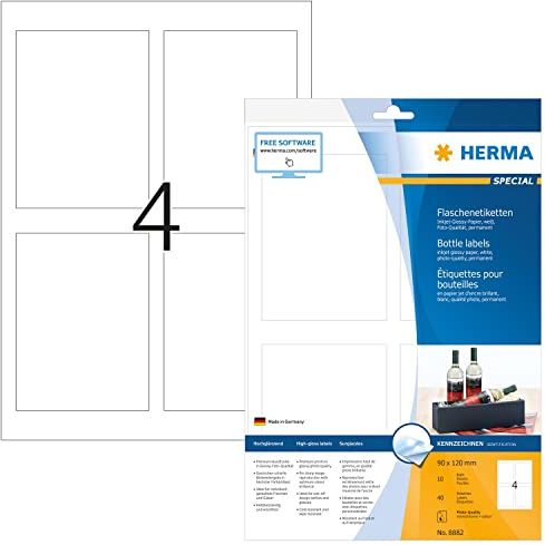 HERMA 8882 flasketiketter för bläckstråleskrivare A4 (90 x 120 mm, 10 ark, papper, glansig) självhäftande, utskrivbara, permanenta etiketter för flaskor, 40 klistermärken, vit