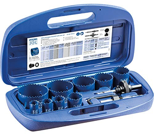PFERD HSS-Lochsägen-Set, 9 Lochsägen inkl. Zubehör für Elektriker Deutschland, 25900010 – für wirtschaftliches Sägen von runden Durchbrüchen, 219mm x 156mm x 60mm
