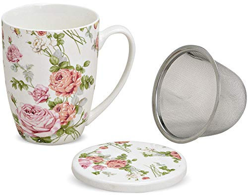 matches21 Tasse à thé tasse à thé avec couvercle et passoire à thé en porcelaine Rose Fleurs Pétales Rose 11 cm / 300 ml