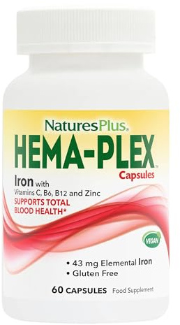NaturesPlus Hema-Plex Iron - 60 Fast-Acting Capsules - 85 mg Chelated Iron - Total Blood Health - with Vitamin C & Bioflavonoids - Vegan, Gluten Free - 30 Servings
