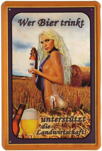 WOGEKA ART Retro Blechschild - Wer Bier trinkt... Landwirtschaft - witziger Spruch als Geschenk-Idee zum Geburtstag Weihnachten zur Dekoration 20x30 cm Vintage-Design aus Metall 324