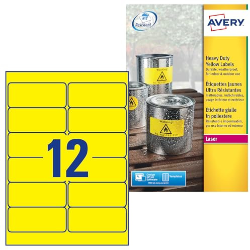 AVERY Zweckform L6107-20 Wetterfeste Folienetiketten (240 Signalaufkleber, 99,1x42,3mm auf A4, extrem stark selbstklebend, wasserfest, strapazierfähig, bedruckbare Outdoor Klebefolie) 20 Blatt, gelb