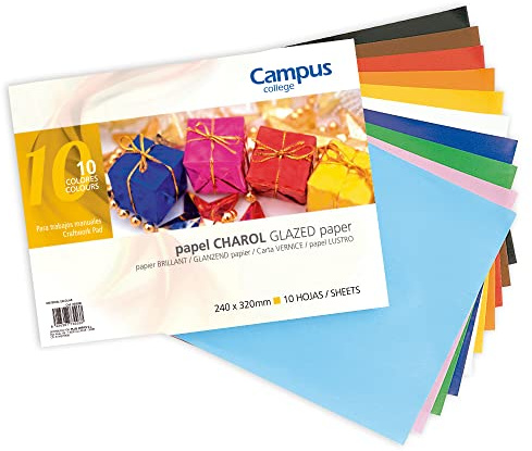 Campus – Bloc de Papel Charol, 10 Hojas de Papel Charol para Manualidades, Surtido de 10 Colores, Juego de Papel Satinado para Scrapbooking Tamaño Folio (240 x 320 mm)