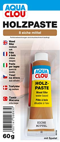 Clou Holzpaste Holzspachtel: innen Holz Spachtelmasse zum Ausbessern von Löchern, Dellen, Rissen in Möbeln, Türen, Parkett und Laminat - eiche mittel, 60 g