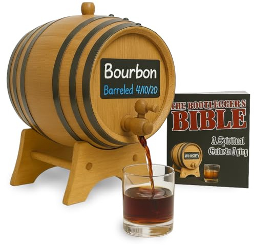 1 Gallon Oak Aging Barrel Dispenser (5 Liter) with Chalkboard Front, Wood Stand, Bung & Spigot - Charred Mini Bourbon Whiskey Barrels For The Home Brewer, Distiller, Wine Maker, Cocktail Aging