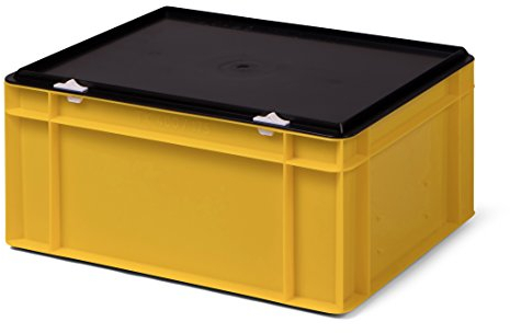 Staplingstransportlåda gul, med svart förslutningslock, 400 x 300 x 186 mm (L x B x H), 15 liter, tillverkad av plast (PP)