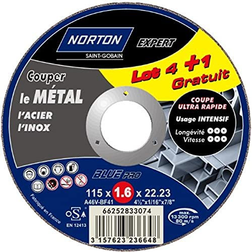 Norton Lot de 4 + 1 Meules tronçonnage métal 115 x 1,6 x 22,2 mm