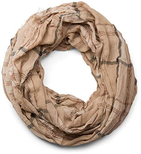 styleBREAKER Sciarpa ad anello con motivo a quadri, effetto stropicciato e con frange, di qualità e morbida, unisex 01018057, colore:Beige