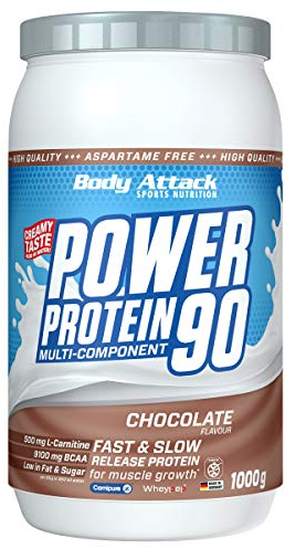 Body Attack Power Protein 90, Cioccolato, 1 kg, 5K proteine in polvere con proteine del siero di latte, L-carnitina e BCAA per la costruzione muscolare e il fitness