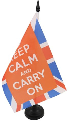 AZ FLAG Drapeau de Table Keep Calm and Carry On UK 21x14 cm Socle Plastique | Usage intérieur Drapeau de bureau Restez calme et continuez finition cousue et bords renforcés polyester 100D