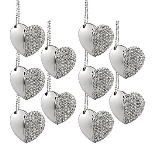 A Plus+ Pack of 10 Crystal Heart 8GB USB Flash Drive Silver Metal Heart USB