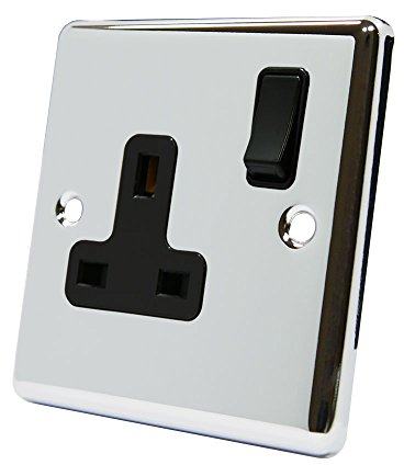 AET CPC1GSOCBL Polished Chrome Classical 1 Gang Black Insert Plastic Rocker Switch-13 Amp Single Plug Socket, 240 V