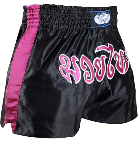 BAY Remy Thaiboxhose Kickboxhose Muay Thai Hose kurz aus Polyester mit traditioneller Thaischrift Schwarz/Pink Rosa für Damen, Herren, Kinder, Erwachsene, Mädchen, Jungen Größe XL