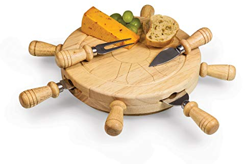 PICNIC TIME Mariner Cheese Board and Knife Set, Novelty Charcuterie Board Set with Stainless Steel Tools Housed in Helm Case Under the Lid, Swivel-Open Serving Platter, and Charcuterie Set, (Parawood)