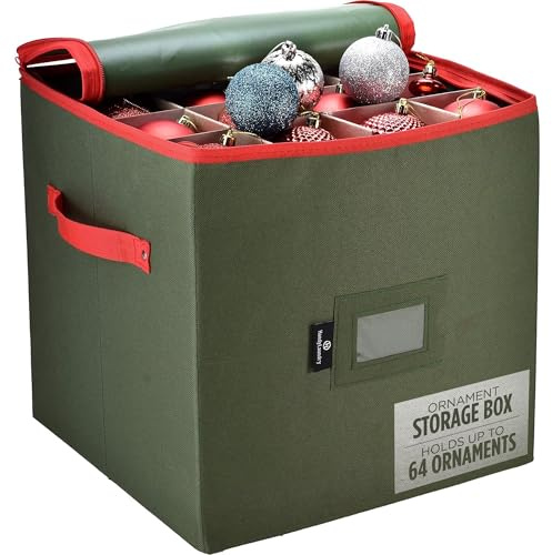 Christmas Ornament Storage - Stores up to 64 Holiday Ornaments, Adjustable Dividers, Zippered Top, Two Handles. Attractive Storage Box Keeps Holiday Decorations Clean and Dry for Next Season. (Green)