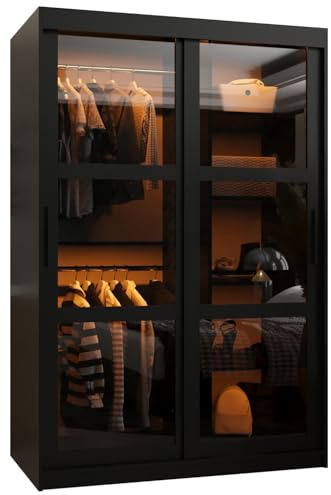 ABIKSMEBLE Dome Armario con Dos Puertas Correderas, Barras y Estantes - Armario de Almacenamiento con Vidrio Ahumado para Dormitorio, Salón - 200x120x62 cm - Negro, Negro, Negro