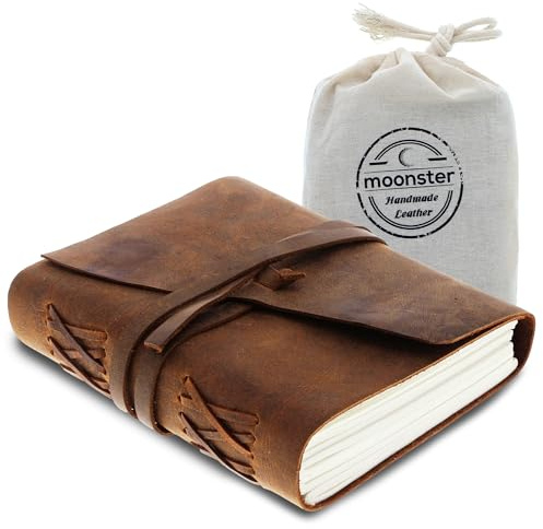 Moonster läder anteckningsbok JOURNAL antik handgjord läderbunden anteckningsbok för dig och honom att skriva – blankt papper 20 x 15 cm – bra för konst, som skissbok eller resedagbok
