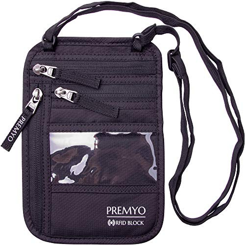 PREMYO Brustbeutel Brusttasche Herren Damen - Reisegeldbeutel mit Sichtfenster Wasserdicht - RFID Schutz Flach Schwarz, Einheitsgröße